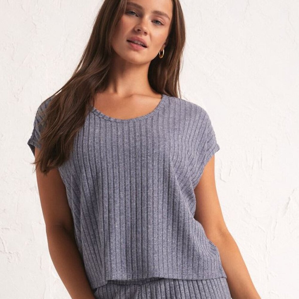 Z Supply Shoreline Scoop Neck Ribbed Relaxed Tee Dusty Navy Blue Size Small